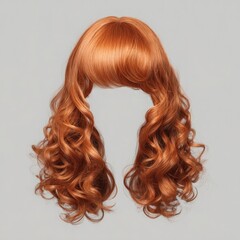Fototapeta premium Auburn red curly hair wig mockup with wispy bangs and shoulder-length volume on light grey background 