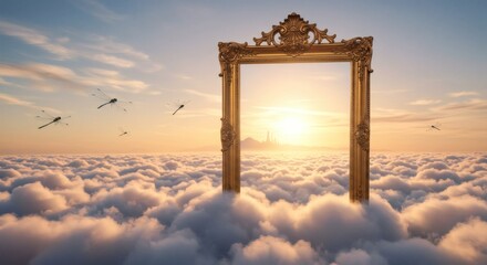 Golden Frame Over Clouds at Sunset with Dragonflies Fantasy Concept
