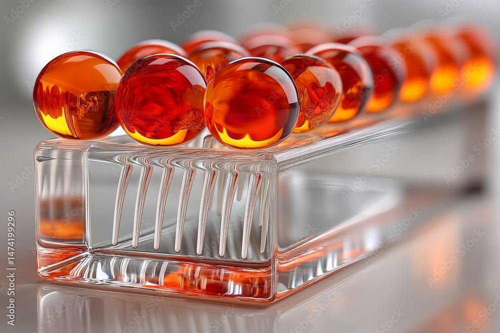 Aufkleber Smooth glass beads arranged in a row on a clear holder reflecting light in a modern setting
