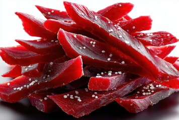 Freshly Prepared Jerky Slices with Salt Garnish Arranged in a Neat Pile on a Reflective Surface for Gourmet Food Presentation
