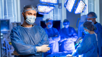 Surgeon readies for surgery. Medical team collaborates in an operating room, ensuring precision and...