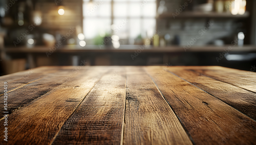 Poster selective focus on wooden table surface with blurred kitchen countertop background for product displ