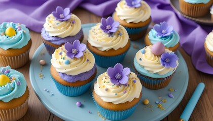 An eye-level shot featuring a plate of beautifully decorated cupcakes with floral toppings.