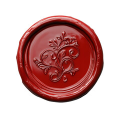Red wax seal with intricate abstract pattern. Sealing official correspondence, important documents with seal. Ensuring authenticity of envelope. Isolated object with transparent background