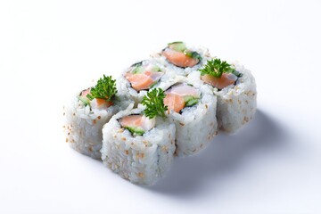 Delicious salmon sushi rolls, garnished with fresh parsley, ready to be enjoyed.