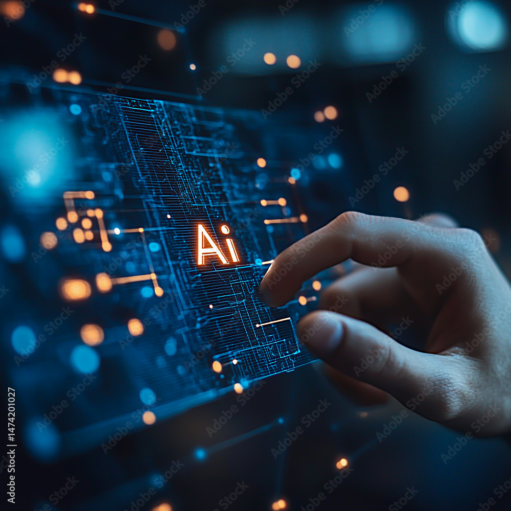 Poster touching blockchain technology to securely transfer assets through a holographic interface written t
