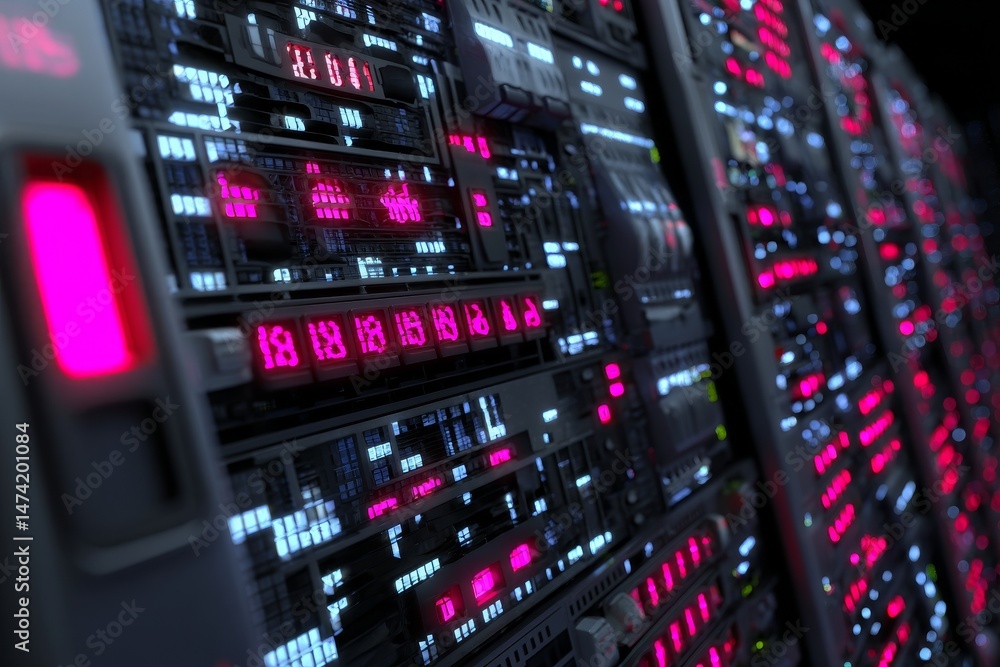 Poster glowing lights in blue and red suggest a blockchain or advanced technology concept