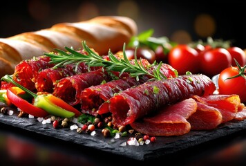 Freshly Prepared Meat Platter with Sliced Charcuterie, Rosemary, Bread, Cherry Tomatoes, and Colorful Peppers on a Dark Background