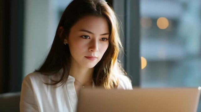 ノートパソコンで作業をする日本人女性