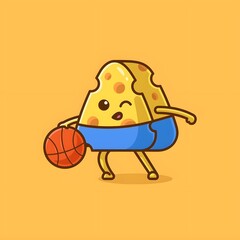 Cute cartoon cheese character playing basketball, wearing blue shorts and winking. Fun, sporty food mascot for children, games, or playful branding