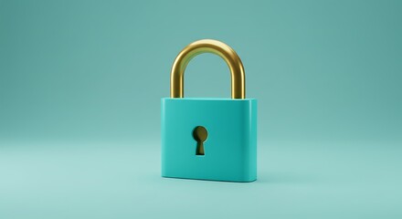 Teal padlock with golden shackle, security concept on blue background