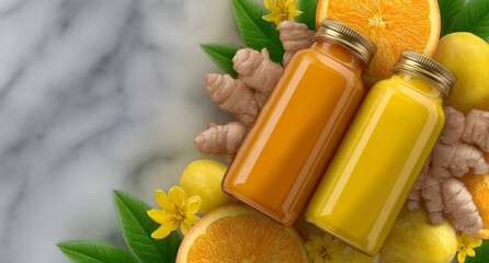 A vegan-friendly immunity system booster comes in the form of a natural drink made with turmeric, ginger, and citrus juice, which helps to defend against viruses and is visually represented by a