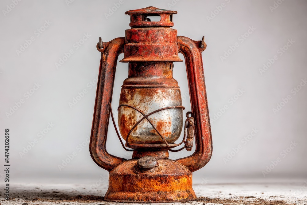 Poster vintage rusted lantern sits on a textured surface in soft light showcasing its weathered details
