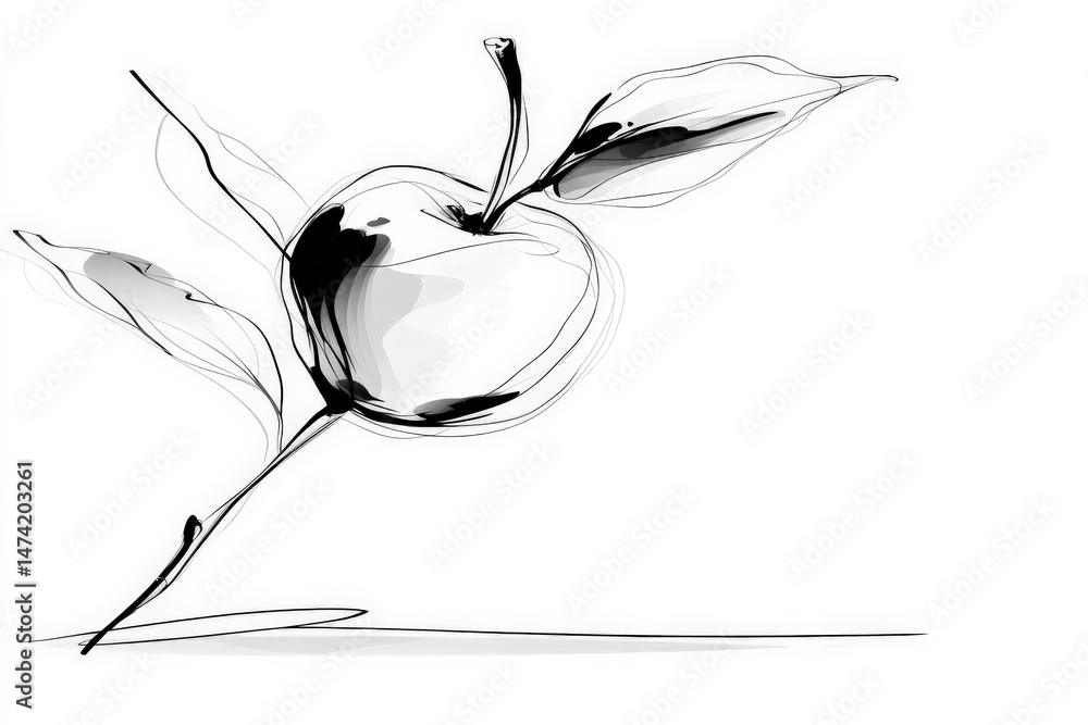 Aufkleber stylized black and white sketch of an apple with leaves on a simple background