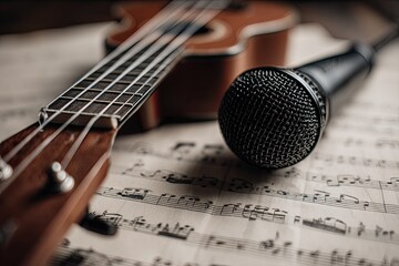 Ukulele and microphone on music sheet