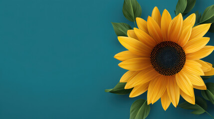 A vibrant yellow sunflower with detailed petals and a dark center is artistically arranged with green leaves against a solid teal background providing copy space.
