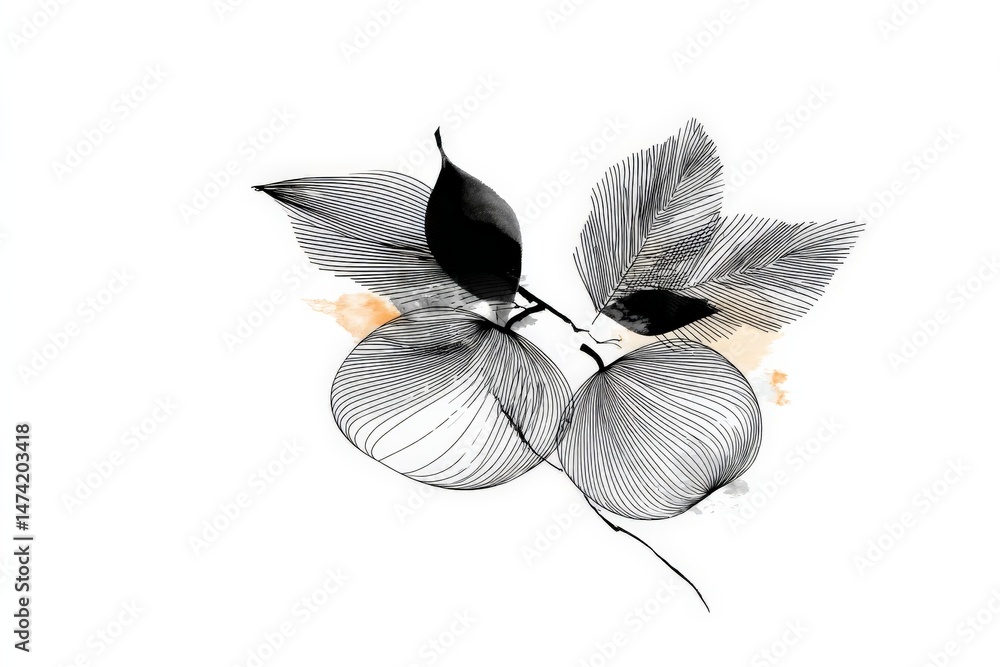 Poster elegant black line drawing of stylized leaves and fruits on a white background captured in minimalis