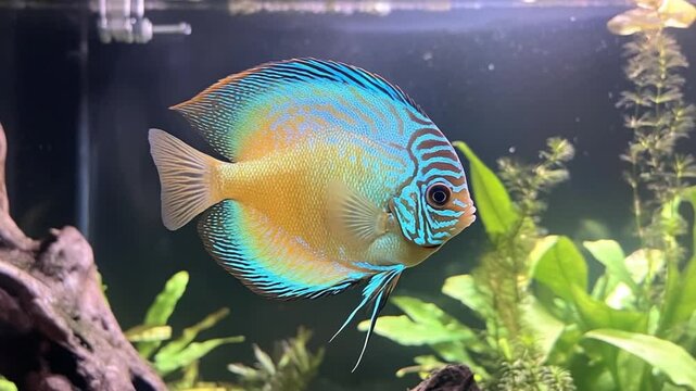 Graceful discus fish swims serenely in freshwater aquarium surrounded by lush greenery