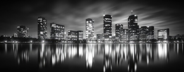 Fototapeta premium Night city skyline reflected in the water.