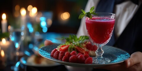 Refreshing raspberry drink and dessert served elegantly at a candlelit evening gathering