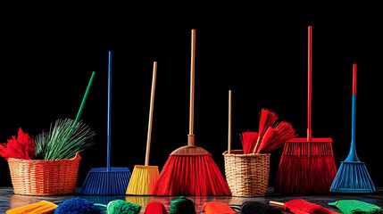 Colorful brooms and brushes arranged against a black background