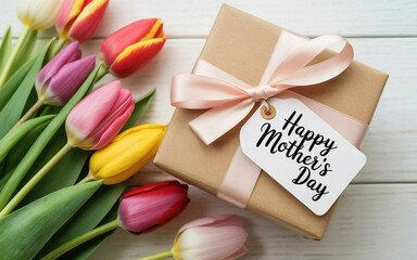 Happy Mother's Day tag attached to craft paper gift box with tulips on white wooden background
