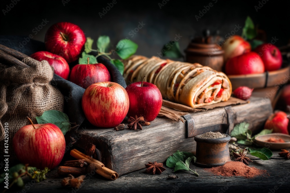 Aufkleber fresh red apples and a rustic apple pie surrounded by spices and greenery on a wooden surface in a c