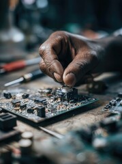 Repairing a circuit board. A hand meticulously places a component onto a complex electronic circuit board