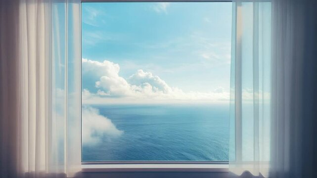 Serene ocean view from a window with soft, flowing curtains on a clear, sunny day