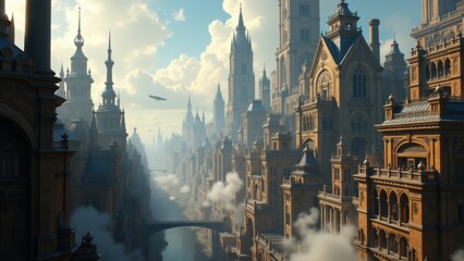 Steampunk city skyline with airships and clouds