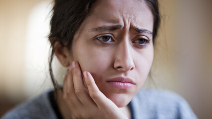 Close-up of young woman's face, showing pensive expression, hand resting on cheek, symbolizing contemplation, introspection, or sadness