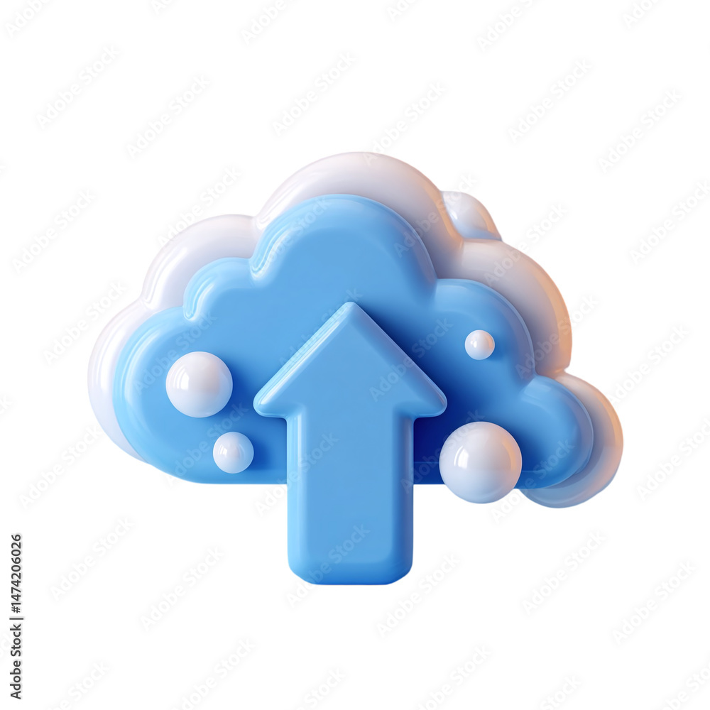 Poster 3d blue cloud icon with an upward arrow symbolizing data upload, set against a clean white backgroun