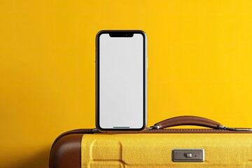 Smartphone resting on a yellow suitcase against a bright yellow background
