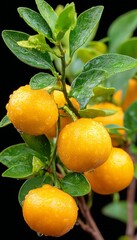 Close-up of Vibrant, Juicy Calamondin Oranges on a Branch Set Against a Dark Background.