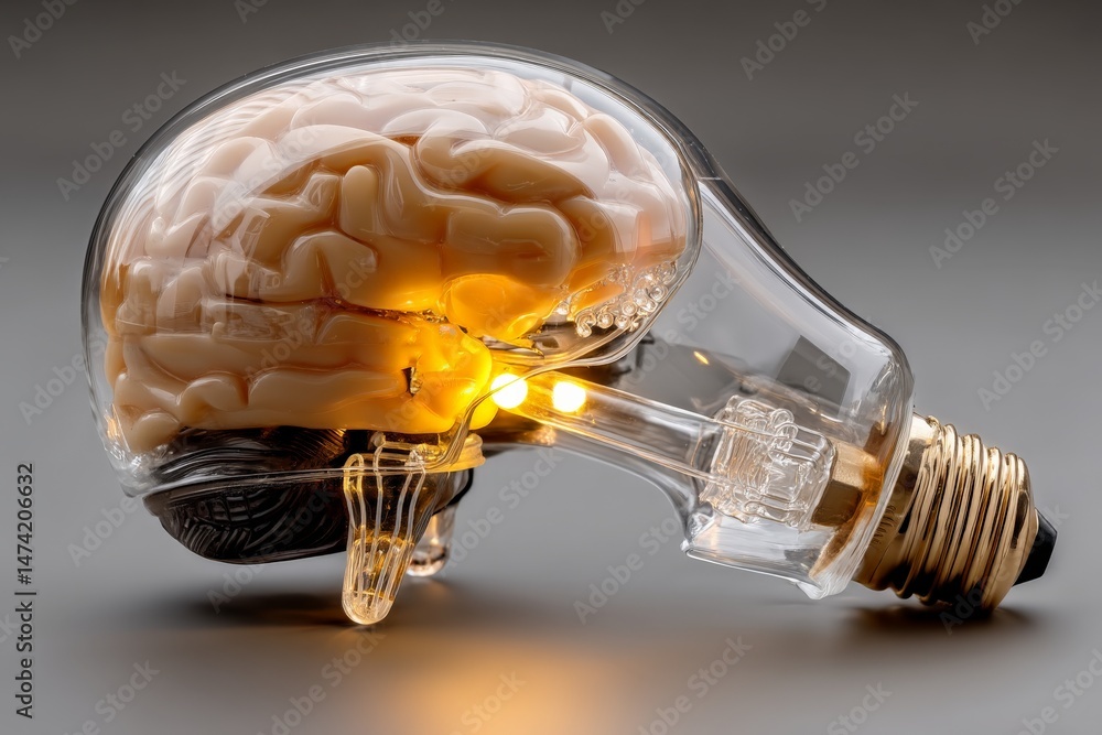 Poster innovative light bulb design featuring a realistic human brain model in a sleek and artistic form