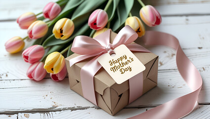 Happy Mother's Day tag attached to craft paper gift box with tulips on white wooden background