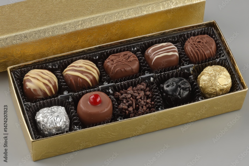 Poster gourmet chocolate assortment in a gold box with various flavors and designs displayed elegantly on a
