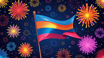 September 21, armenia independence day, vector template with armenian flag and colorful fireworks on blue night sky background. Armenia national holiday 21 september Independence day