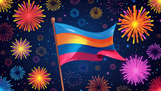 September 21, armenia independence day, vector template with armenian flag and colorful fireworks on blue night sky background. Armenia national holiday 21 september Independence day