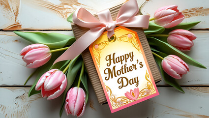 Happy Mother's Day tag attached to craft paper gift box with tulip flowers on white wooden background