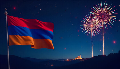 September 21, armenia independence day, vector template with armenian flag and colorful fireworks on blue night sky background. Armenia national holiday 21 september Independence day