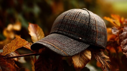 Cap resting on colorful autumn leaves, close up shot