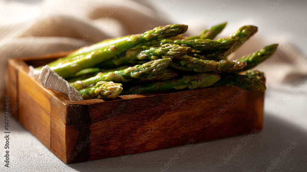 Poster fresh asparagus in a simple brown container on a light background.