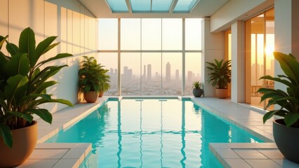 Luxurious indoor pool with city skyline at sunset