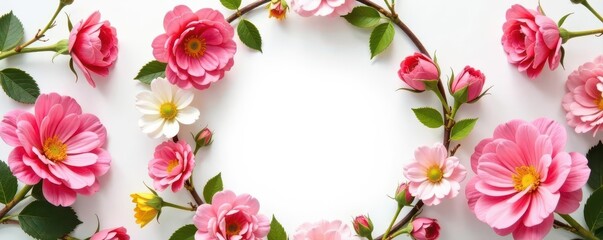 Round flower frame with roses and ranunculus Spring blossoms, white background , delicate, template