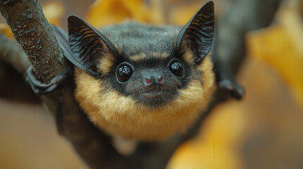 Obraz premium a bat hanging upside down from a tree branch, partially hidden under its wings 