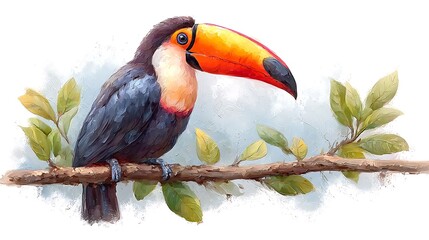 Majestic Toucan on Branch with Tropical Bird Painting.