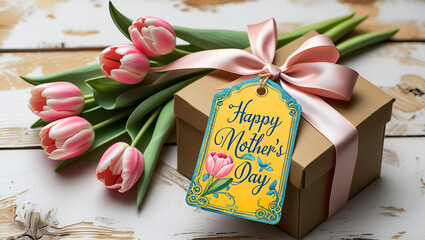 Happy Mother's Day tag attached to craft paper gift box with tulip flowers on white wooden background