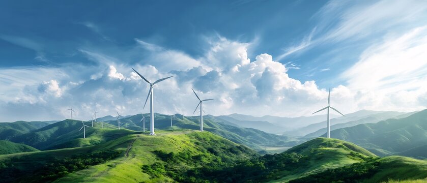 Picturesque mountain landscape with green hills and numerous wind turbines