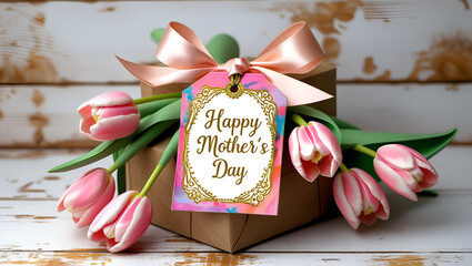Happy Mother's Day tag attached to craft paper gift box with tulip flowers on white wooden background